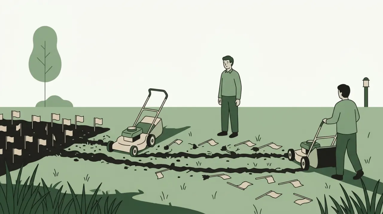 정원사가 꽂아 둔 작은 깃발을 잔디깎이가 두 번 연달아 지나가며 뽑아 버리는 화단
