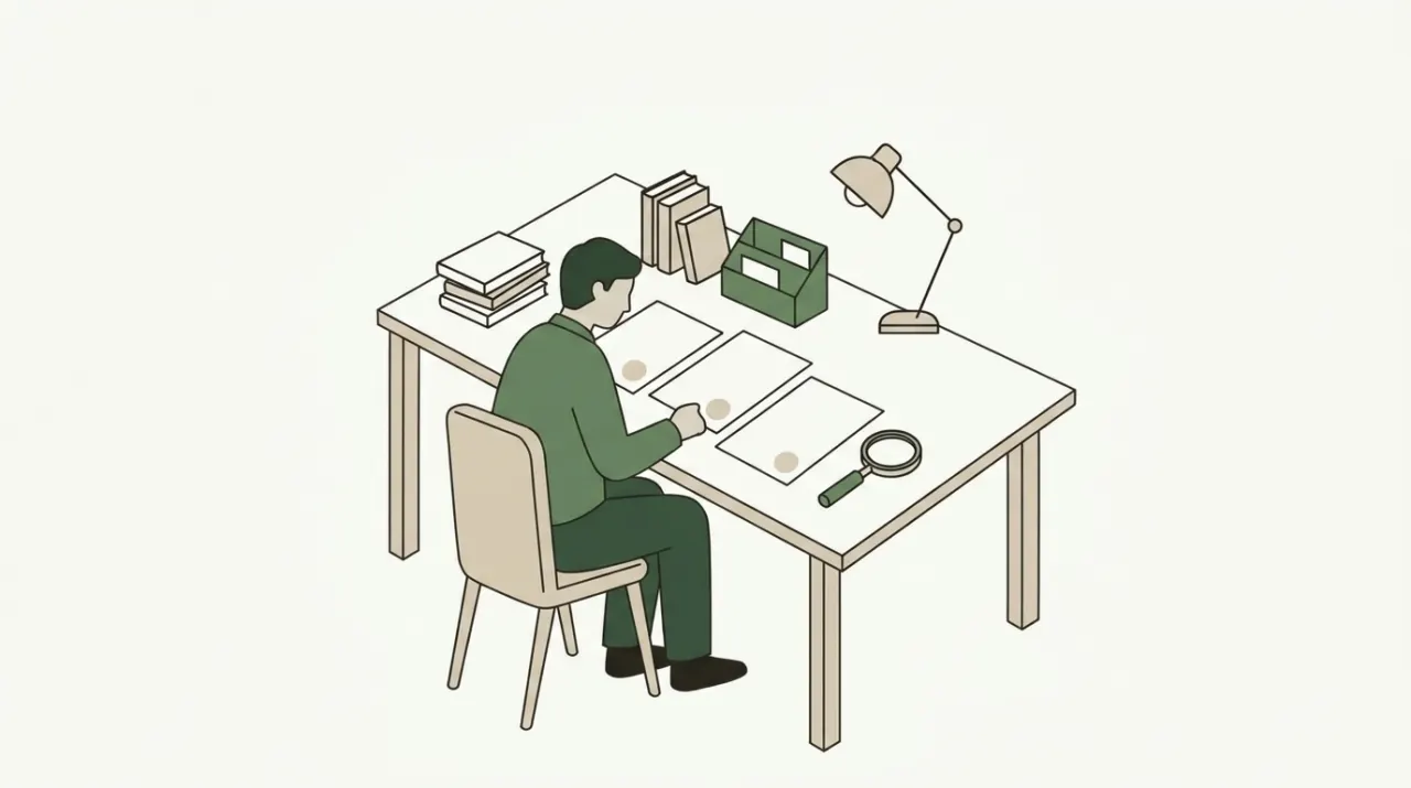 같은 날짜 도장이 찍혀야 할 세 장의 서류를 책상 위에 나란히 펼쳐 놓고 비교하는 사람