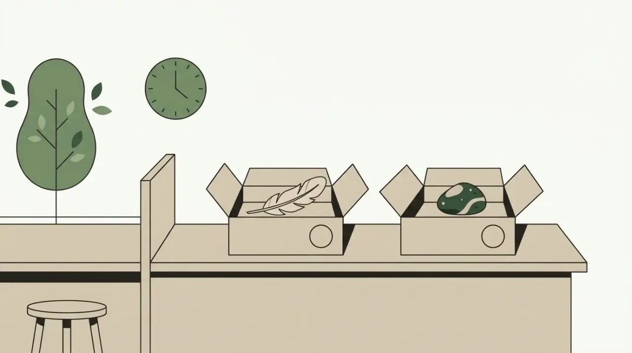 같은 크기의 소포 두 개에 똑같은 접수 도장만 찍혀 있고 안에 든 것은 하나는 깃털, 하나는 돌인 우체국 창구