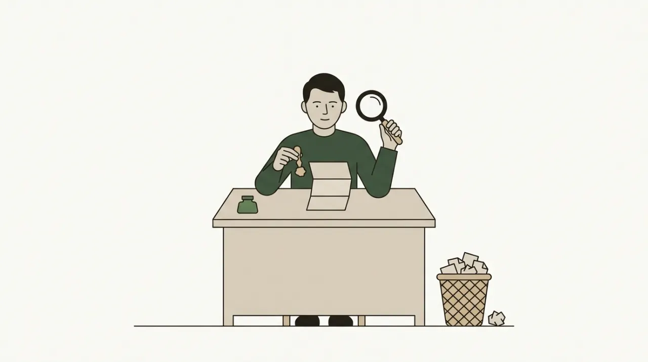 봉인을 찍기 직전 돋보기로 문서를 다시 살피는 손과 구겨진 종이로 넘치는 휴지통