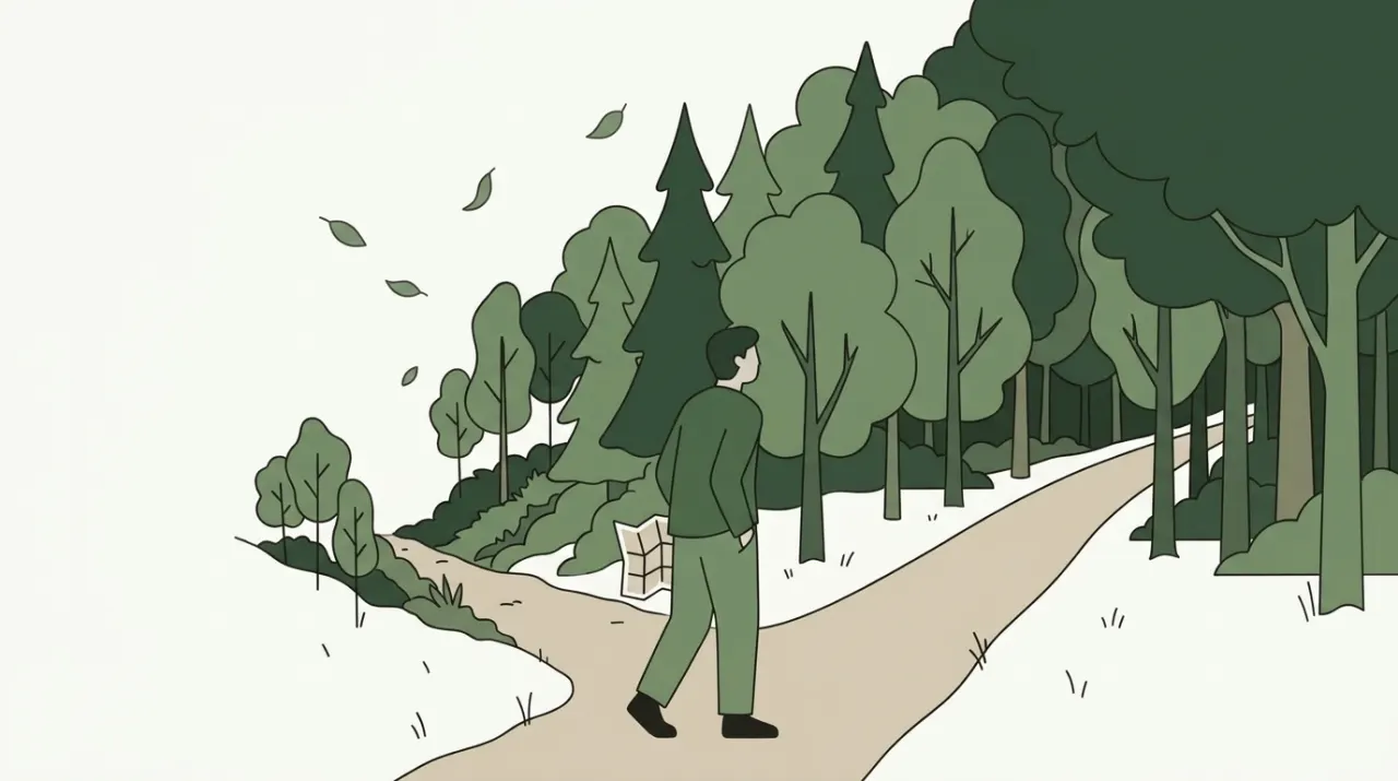 숲 가장자리 갈림길에서 지도 대신 직접 몇 걸음 들어가 길을 확인하는 사람