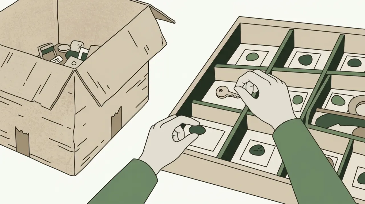 옛 상자에서 새 서랍으로 물건을 하나씩 옮기며 체크 표시 대신 작은 돌을 하나씩 올려두는 손