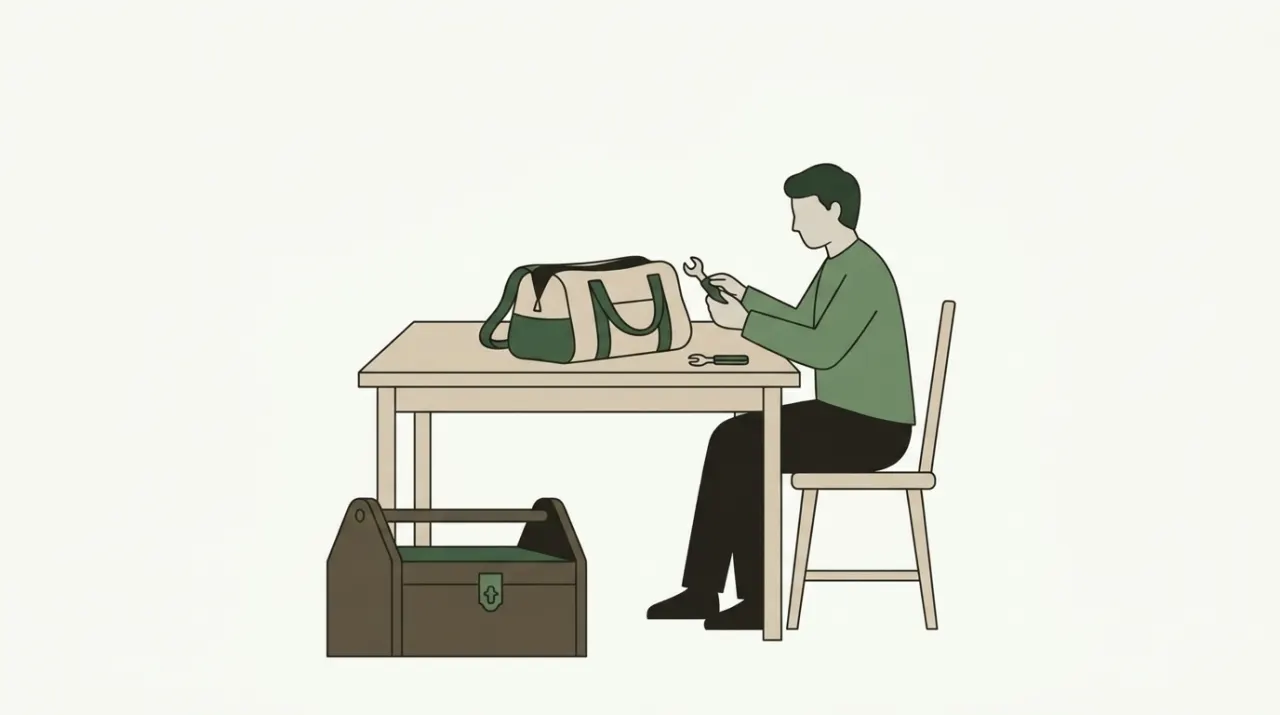 여행 가방에서 공구 하나만 꺼내 쓰고 다시 넣어 두는 손과, 열지 않은 채 놓인 커다란 공구 상자