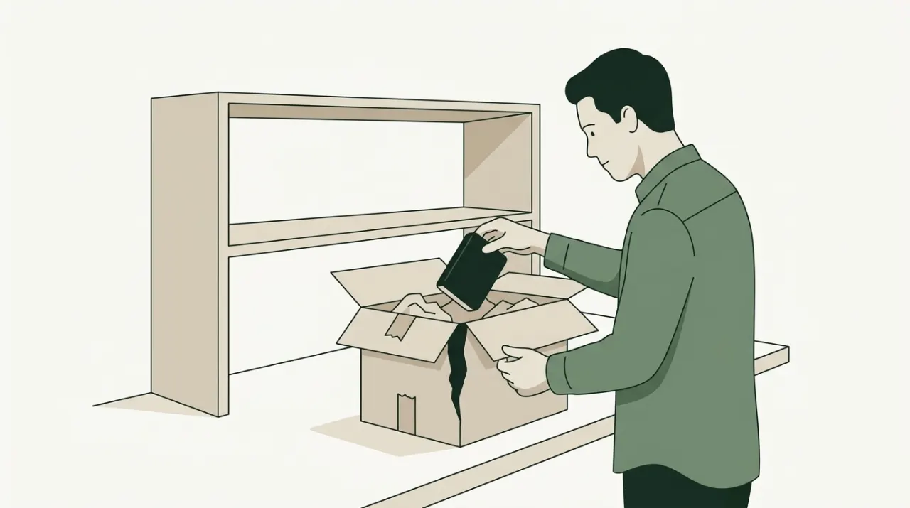 포장 상자를 정해진 선반에 올리지 않고 작업대 위에서 조심스럽게 열어 내용물만 꺼내는 사람