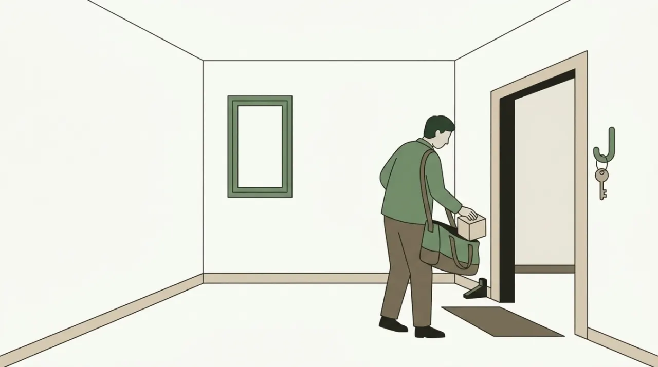 빈 방을 떠나며 문가에 놓인 작은 상자 하나를 챙겨 가방에 넣는 손님