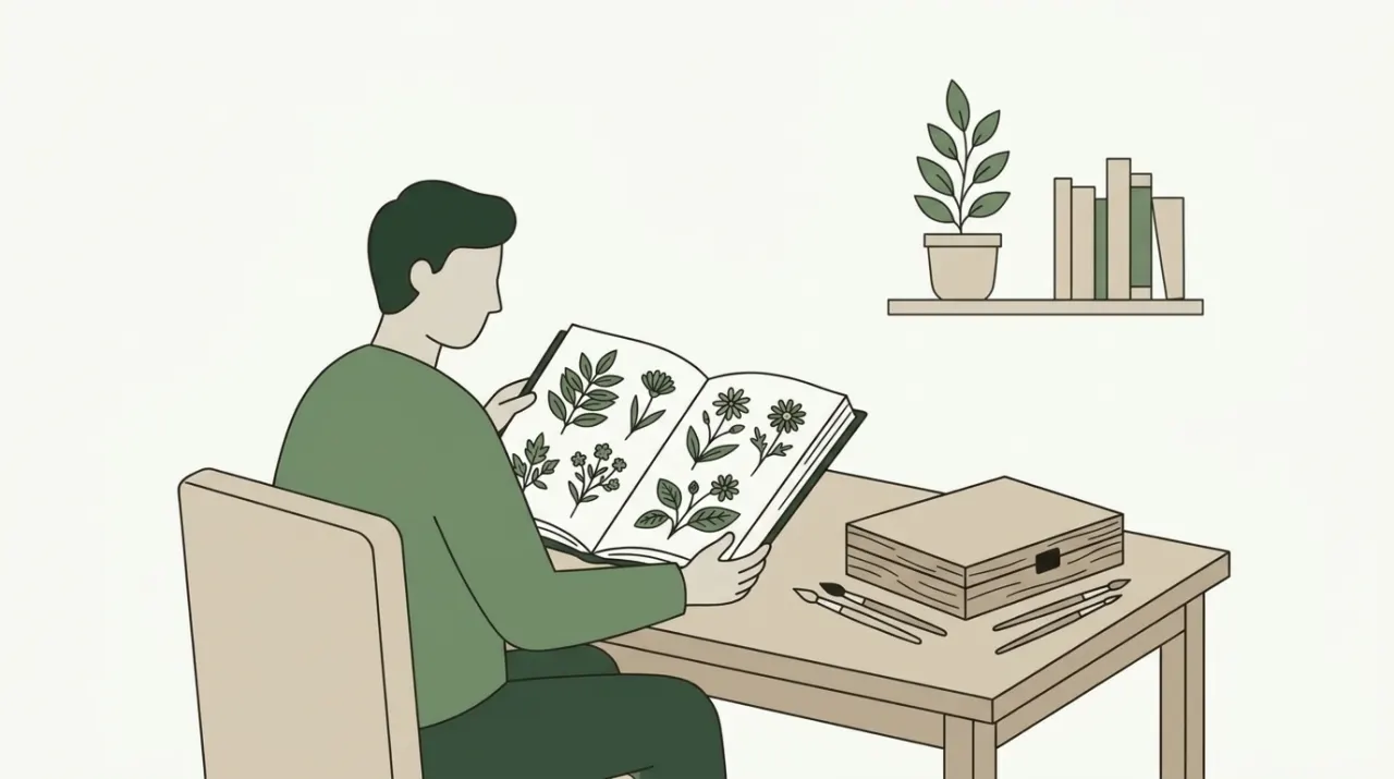 같은 먹물 한 가지로만 채색된 식물 도감 페이지를 펼쳐 든 사람과 옆에 놓인 손대지 않은 물감 상자
