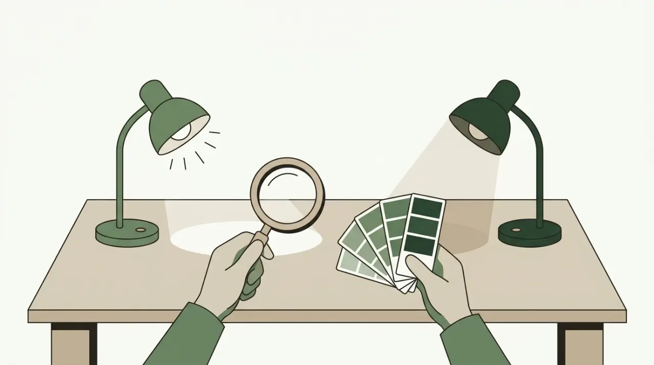 작업대 위에 돋보기와 색 견본 카드, 밝은 등과 어두운 등을 나란히 놓은 두 손