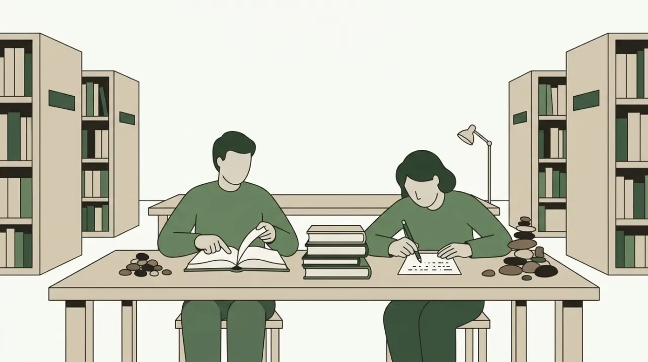 같은 책 더미를 놓고 한쪽은 낱장을, 다른 쪽은 한 글자씩 세는 두 사서가 앉은 열람실 책상