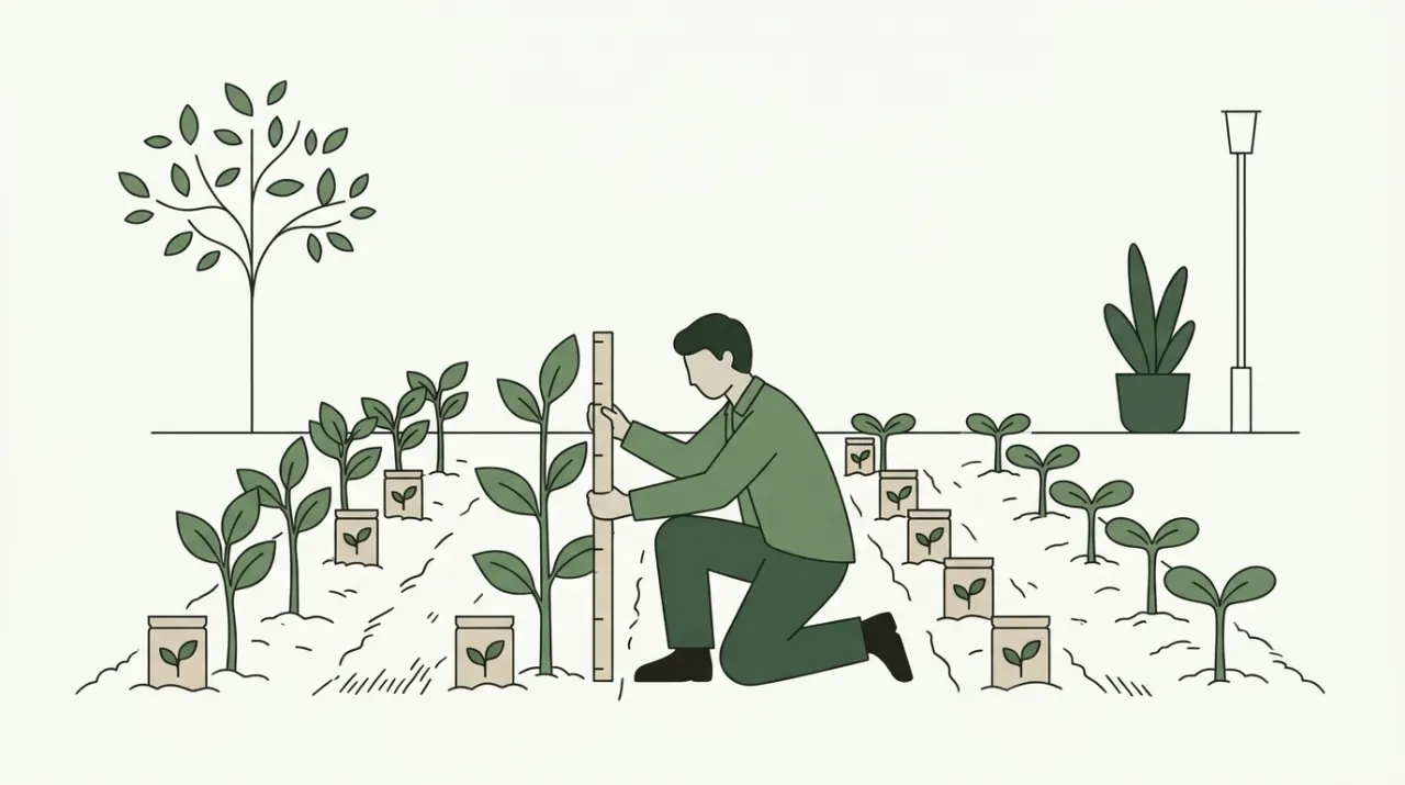 같은 씨앗 봉투 열두 개를 두 줄로 나란히 심고 막대자로 싹을 재는 정원사