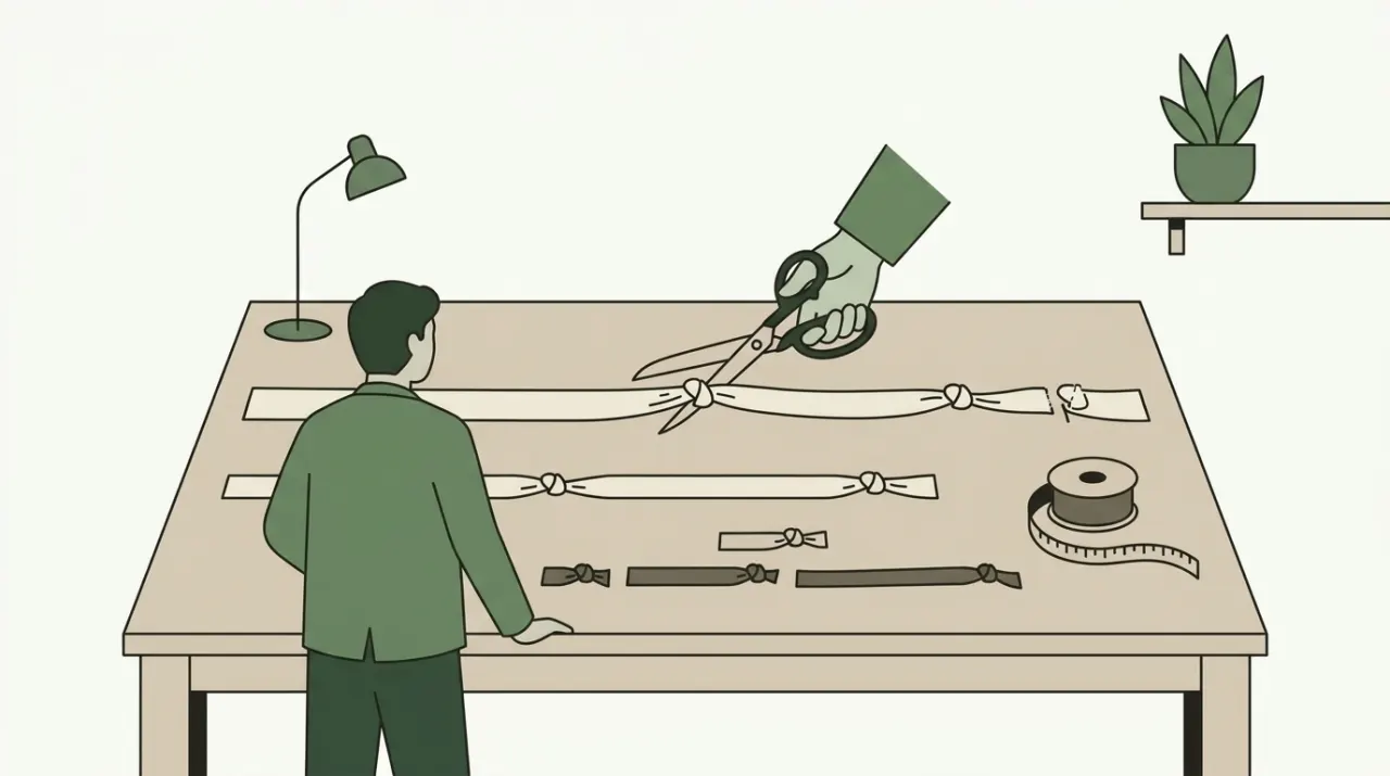긴 리본과 짧은 리본을 매듭 자리에서만 자를 수 있는 가위를 든 재단사
