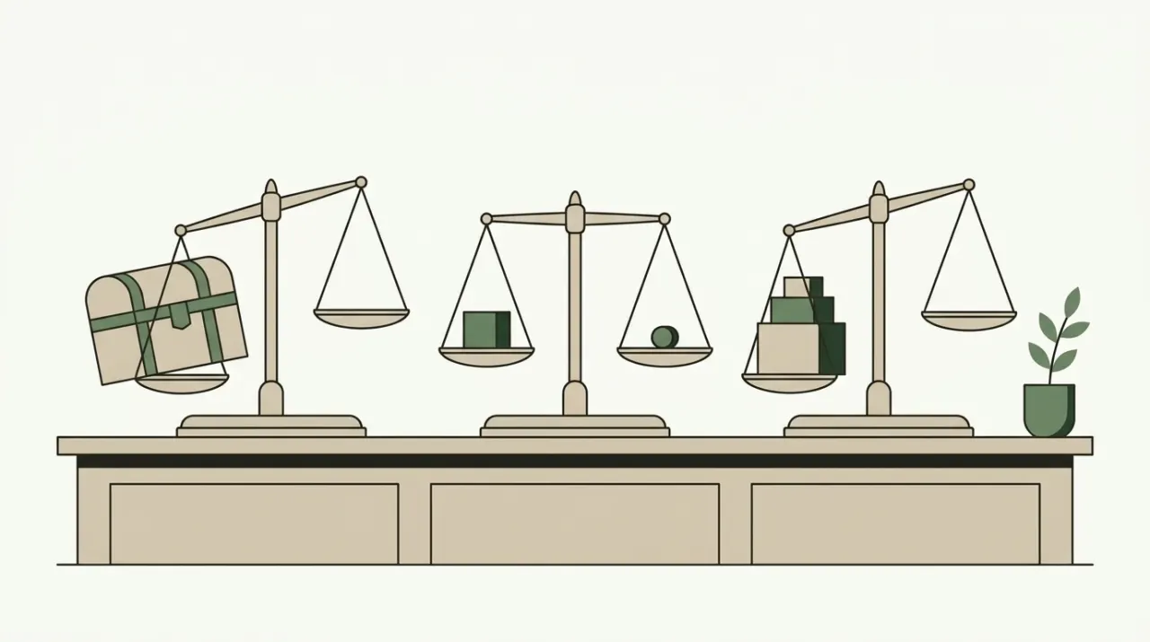 같은 짐을 커다란 궤짝, 작은 상자, 크기별 상자 세 개에 나눠 담아 저울 위에 나란히 올려둔 장면
