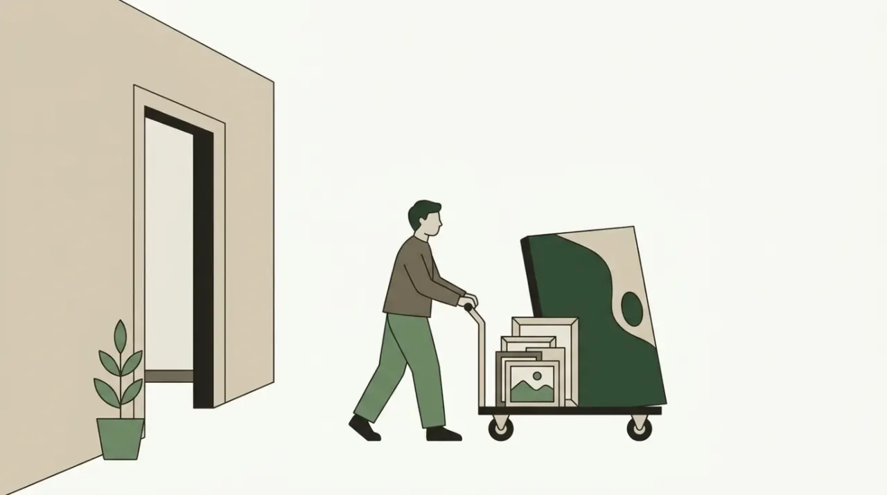 새 액자들을 내보내는 화랑 직원 뒤로 포장도 안 뜯은 원본 캔버스가 같은 수레에 실려 나가는 장면