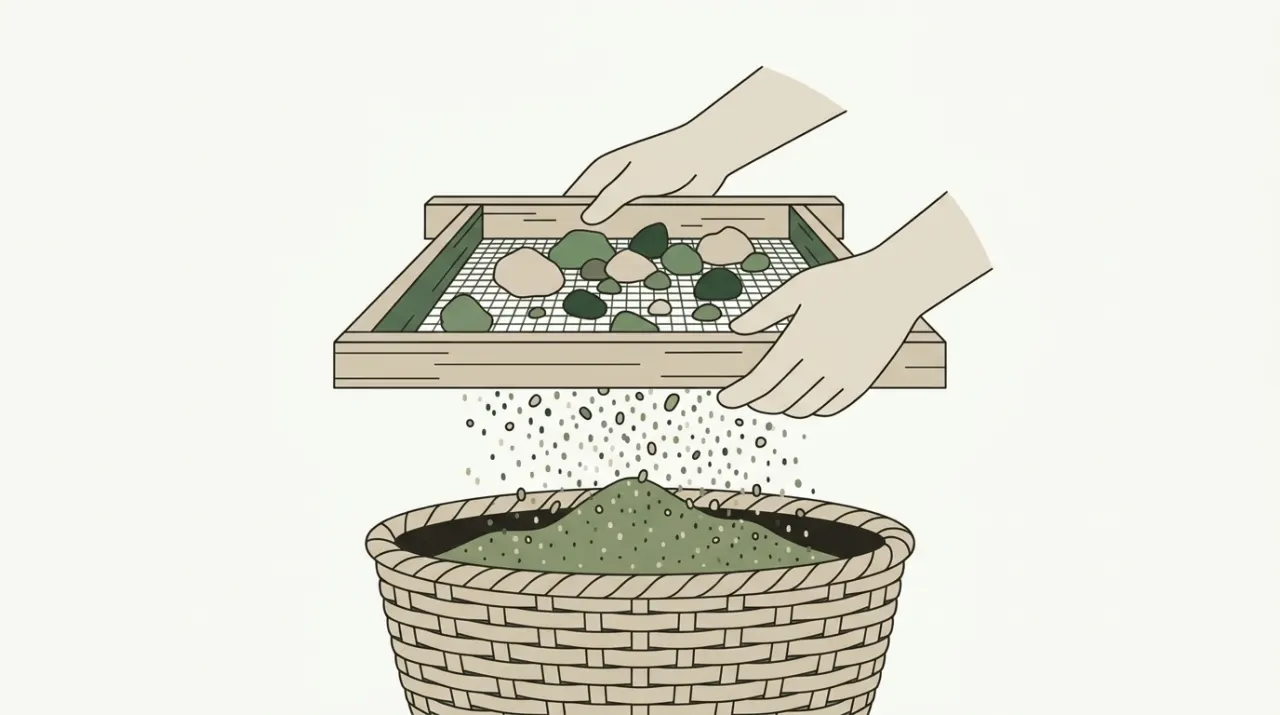 체로 큰 돌멩이는 걸러 내지만 고운 모래알은 그대로 빠져나가는 정원의 흙 고르기