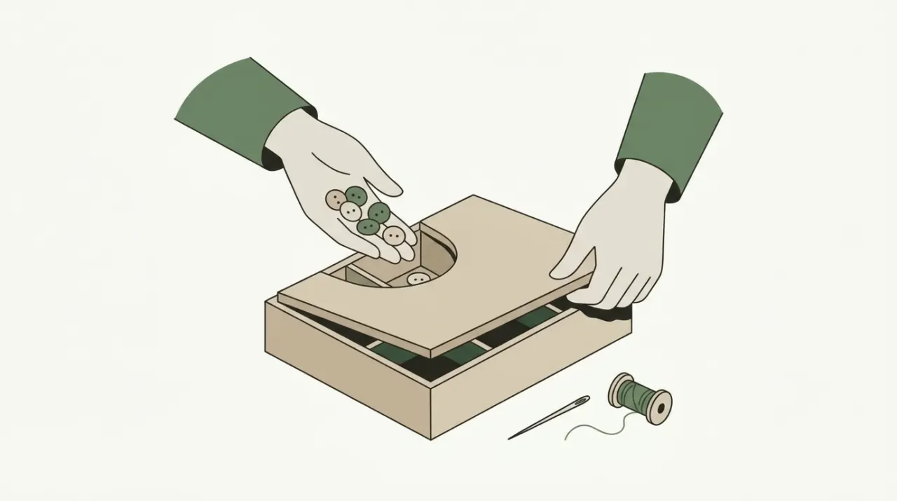 흩어진 단추를 손으로 꿰매지 않고 칸이 나뉜 상자에 한꺼번에 담아 뚜껑을 닫는 손