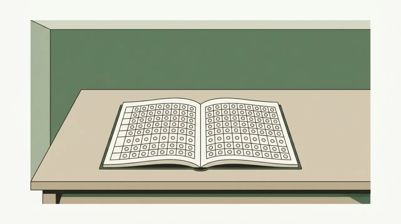 빈 출석부의 모든 칸에 같은 동그라미만 그려진 채 교탁에 놓인 장면
