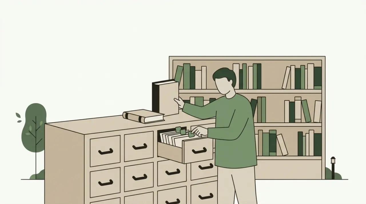 책을 빼기 전에 색인 카드부터 넘겨보며 그 책을 가리키는 카드에 표시를 붙이는 사서