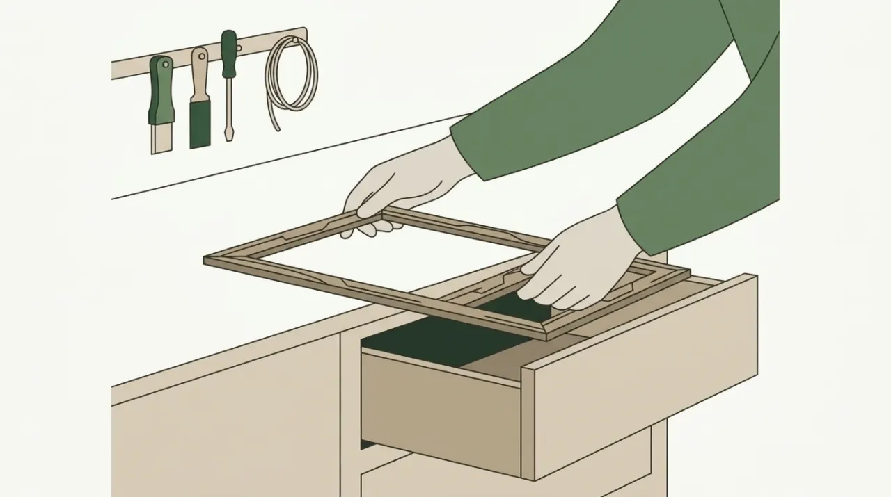 서랍장 맨 아래 칸에서 오래 써온 견본 틀 하나를 꺼내 작업대 위에 펼쳐 놓는 손
