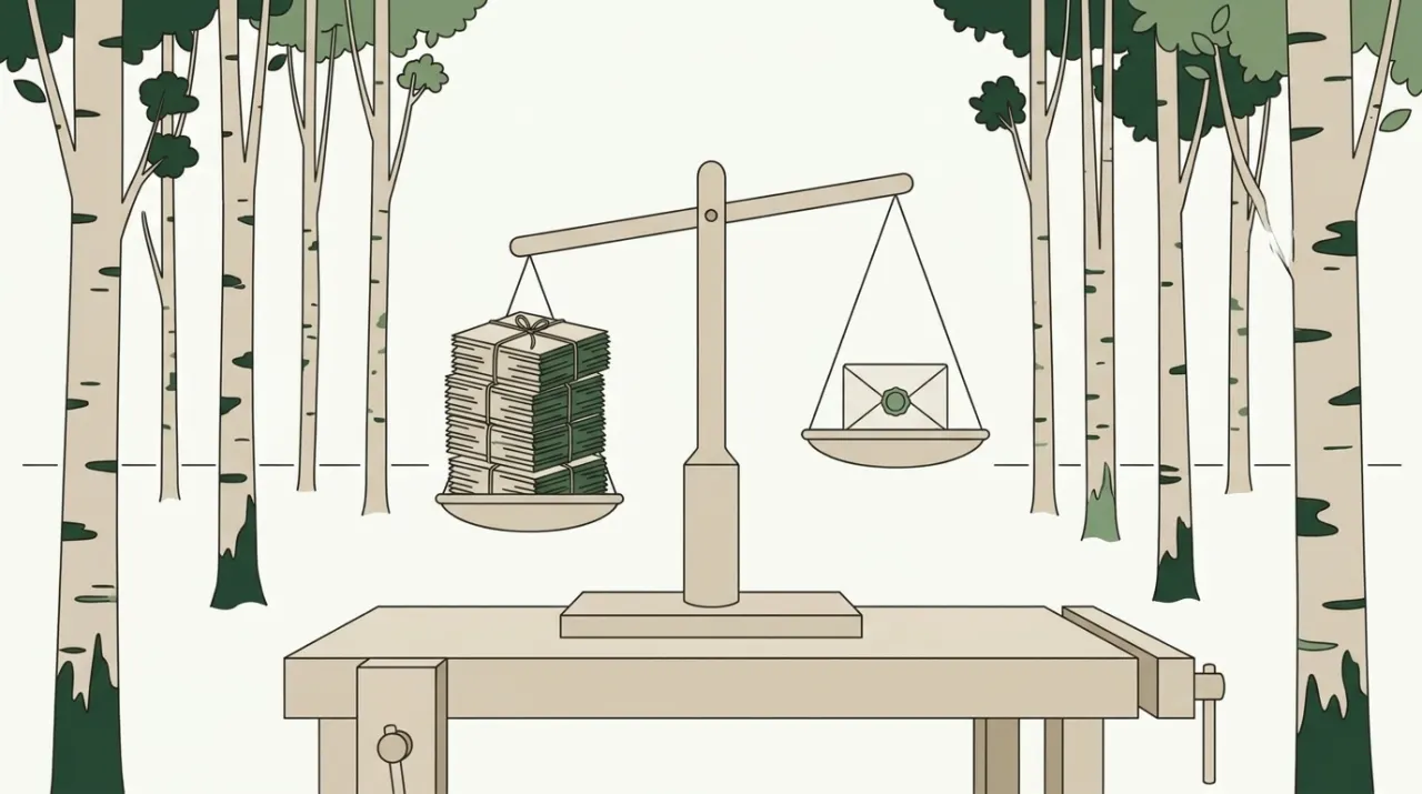 자작나무 숲 가장자리 작업대에서 양쪽 접시에 서로 다른 짐을 올려 균형을 재는 저울