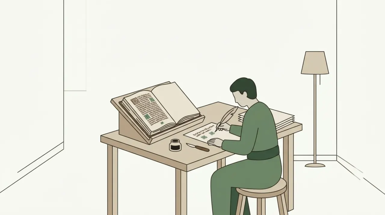 오래된 견본 원고를 옆에 펴두고 같은 문장을 옮겨 적으며 두 군데만 다른 색 잉크로 고쳐 쓰는 필경사