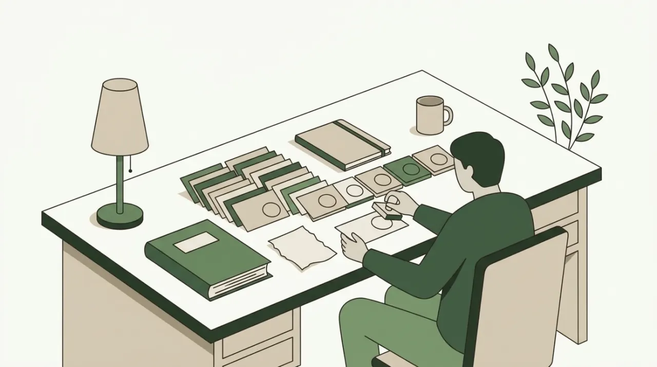 두꺼운 일지에서 마지막 한 장만 찢어 들고 온 사람이 모든 항목에 같은 날짜를 적어 넣는 책상