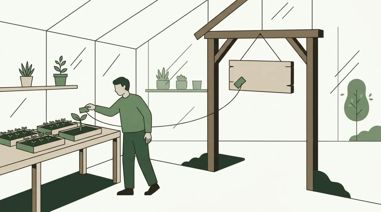 여러 화분의 새순 중 가장 최근 것에 달린 꼬리표를 온실 입구 팻말에 옮겨 거는 정원사