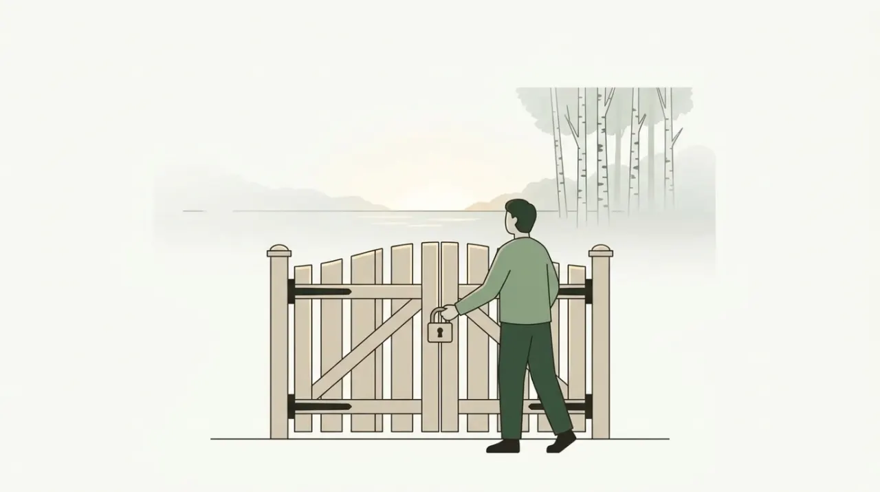 새벽 정원 문 앞에서 아직 잠긴 자물쇠를 들여다보며 해가 오르길 기다리는 사람