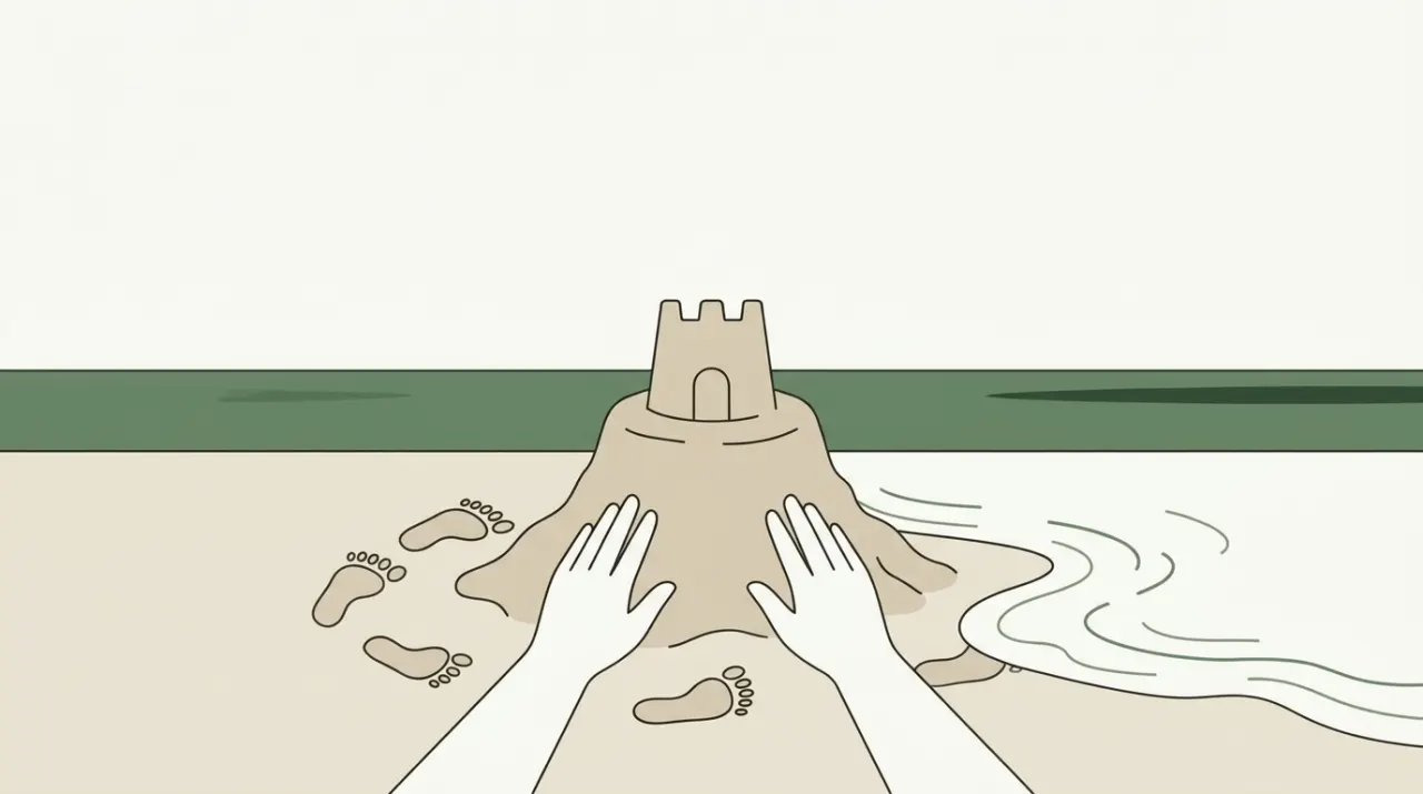 모래밭에 세워 둔 시험용 모래성을 밀물이 오기 전에 손으로 쓸어 평평하게 만드는 장면