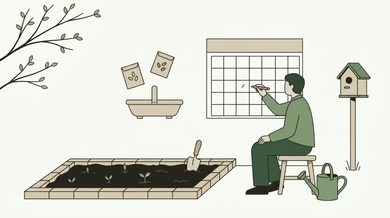 씨앗을 심은 화단 옆 의자에 앉아 달력에 표시를 하나 해 두는 사람