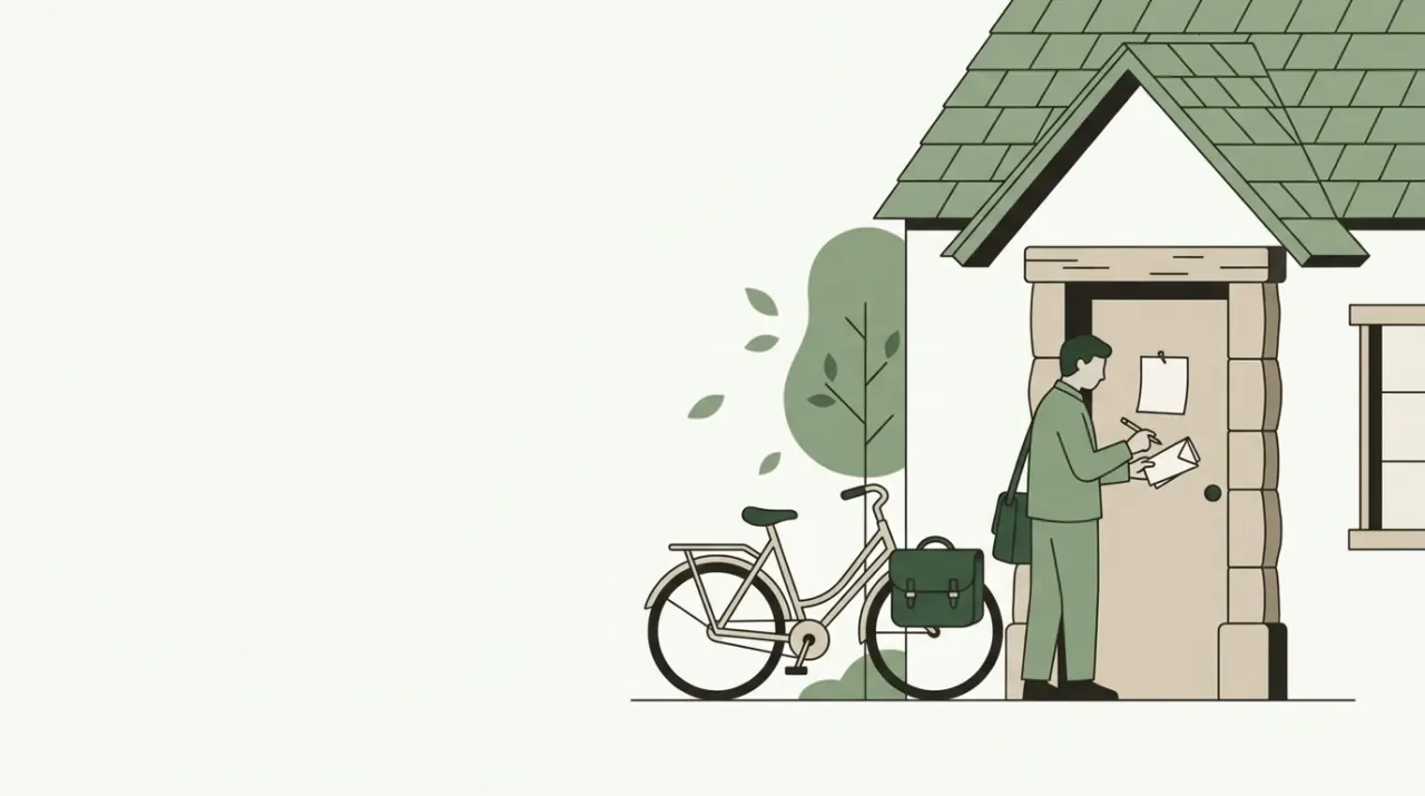 이사 간 집 문에 붙은 새 주소 쪽지를 보고 우편물 묶음의 주소를 고쳐 쓰는 집배원