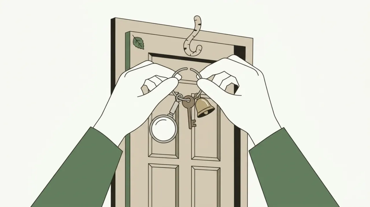 현관 열쇠고리에 작은 도구 세 개를 순서대로 꿰어 거는 손