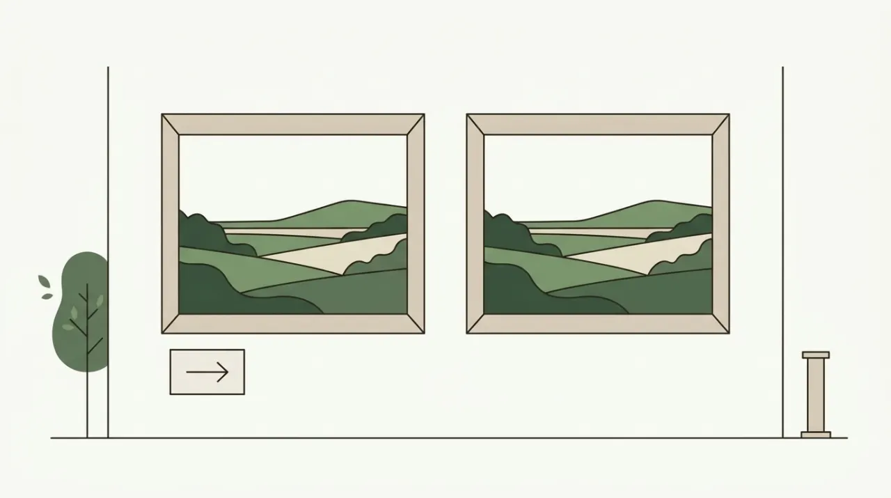똑같은 그림 두 장이 나란히 걸려 있고 한쪽 액자 아래에만 원본을 가리키는 작은 화살표 카드가 붙은 화랑 벽