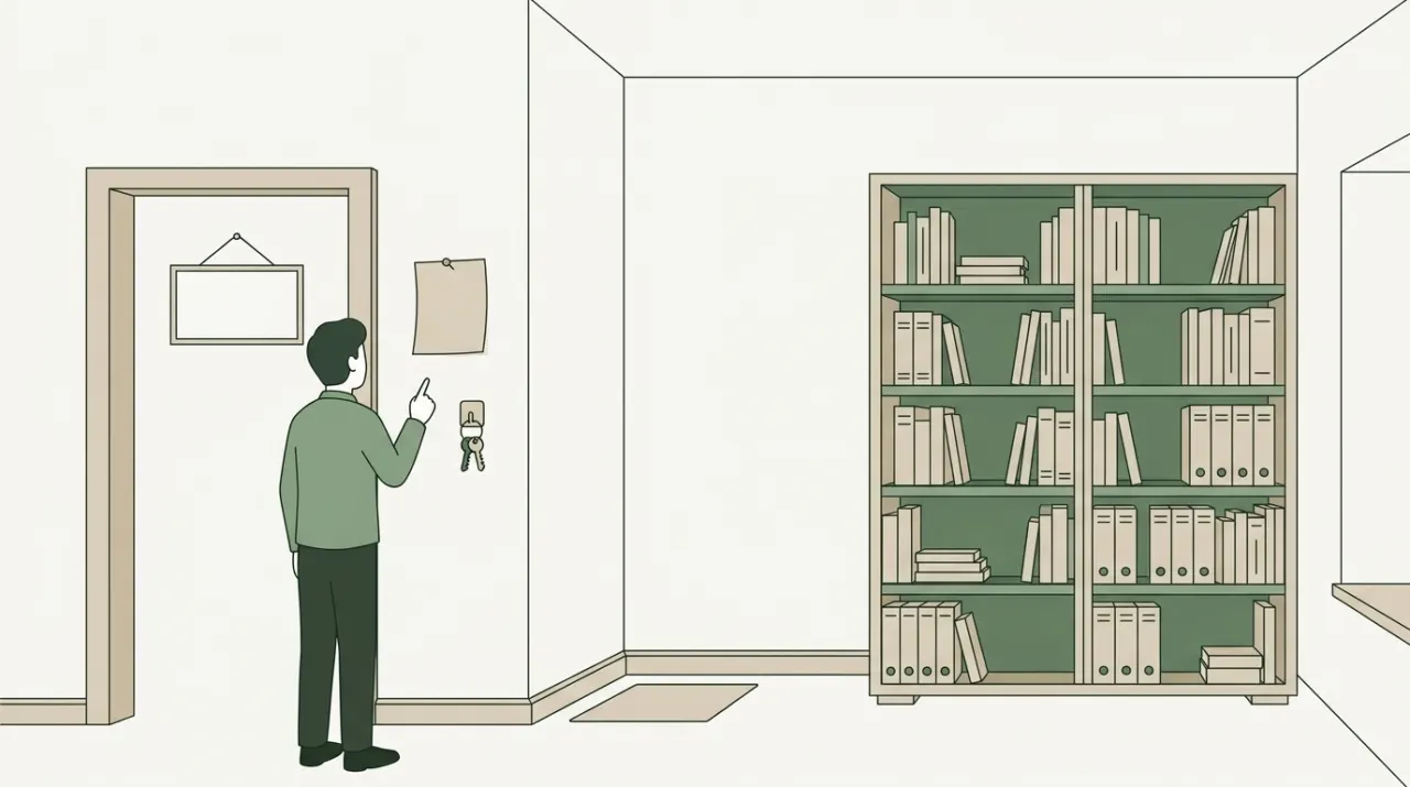 책장 정리를 마친 방에서 벽에 붙은 메모와 문 위의 표지판, 열쇠 고리를 하나씩 손가락으로 짚어 세는 사람