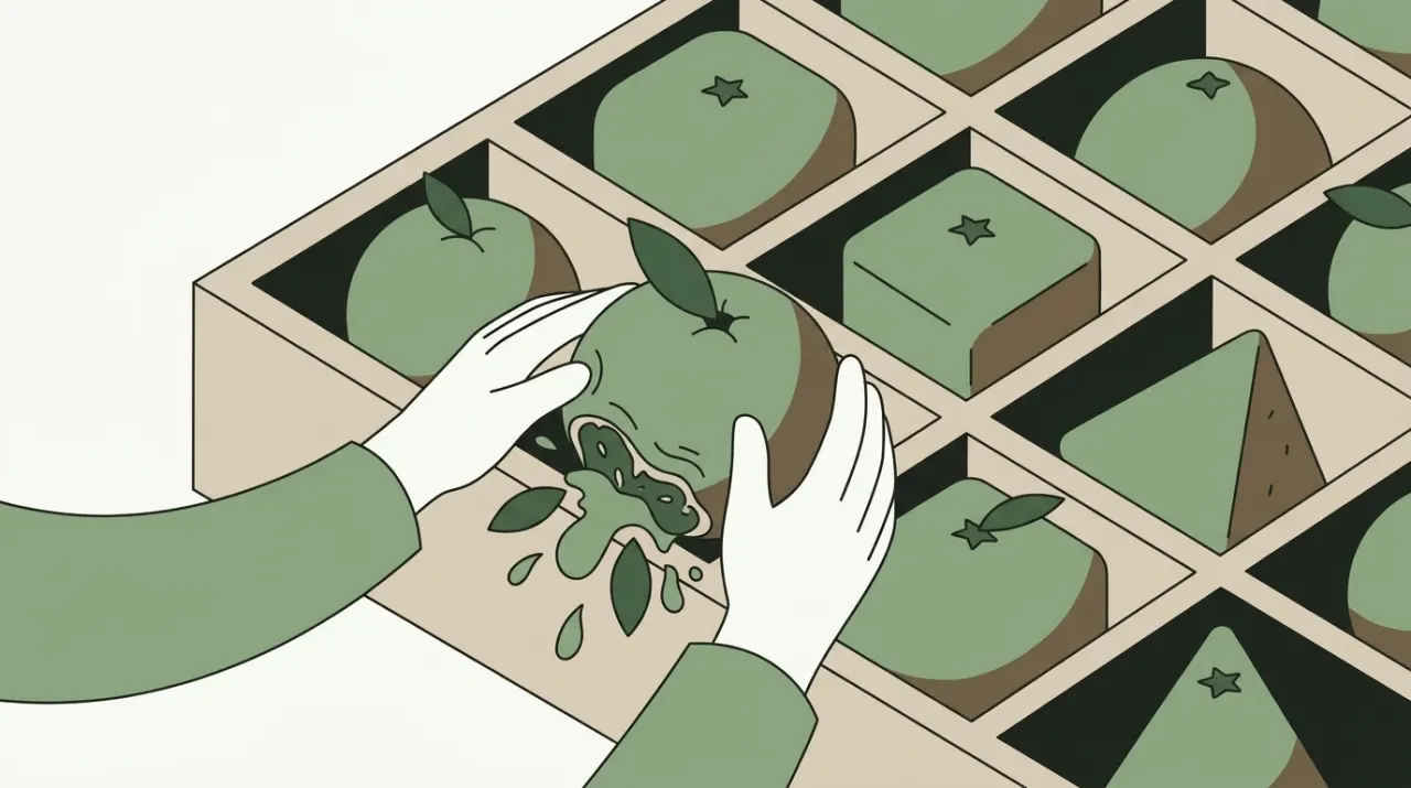 둥근 열매를 네모난 칸에 억지로 담으려다 반쪽만 남기고 흘린 상자를 내려다보는 손