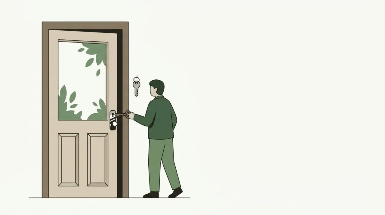 새 자물쇠로 바꿨는데 옛 열쇠를 그대로 꽂아 열리지 않는 문 앞에 선 사람
